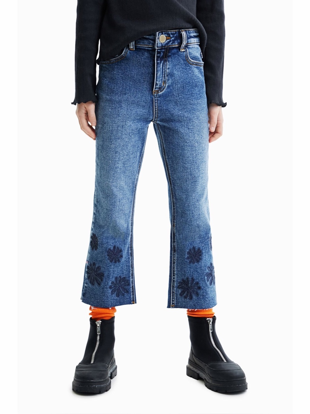 Desigual Flocked Crop Flare Jeans EU 40 Blue Floral High Rise